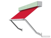 Markise in Rot mit grünem verputzbaren Kasten und Fallarm